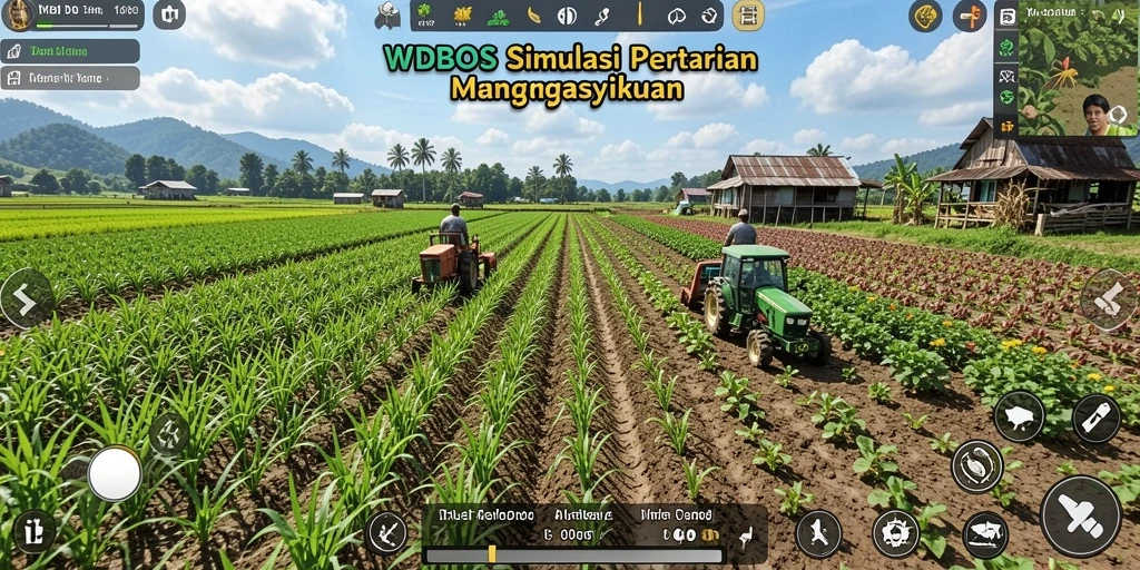 Screenshot gameplay <strong>WDBOS</strong> menampilkan kebun yang hijau dan aktivitas bertani.